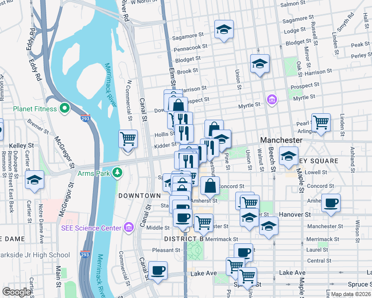map of restaurants, bars, coffee shops, grocery stores, and more near 1155 Elm Street in Manchester