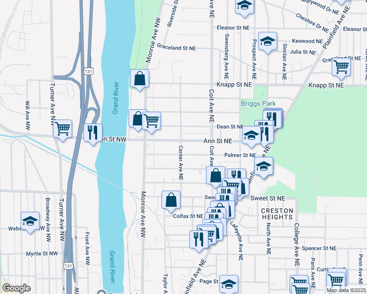 map of restaurants, bars, coffee shops, grocery stores, and more near 1746 Center Avenue Northeast in Grand Rapids