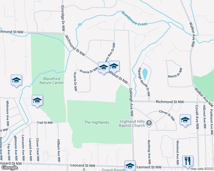 map of restaurants, bars, coffee shops, grocery stores, and more near 2510 Richmond Street Northwest in Grand Rapids