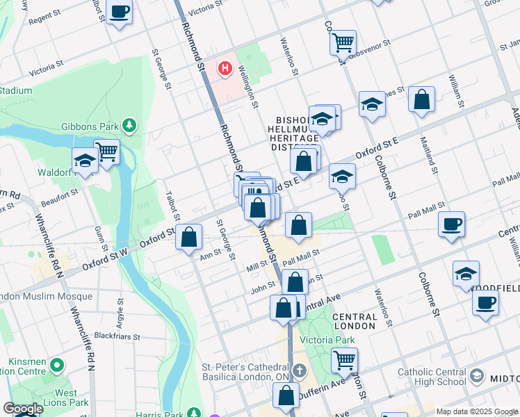 map of restaurants, bars, coffee shops, grocery stores, and more near in London