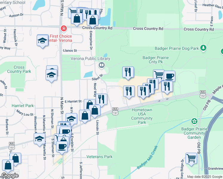 map of restaurants, bars, coffee shops, grocery stores, and more near 135 Enterprise Drive in Verona