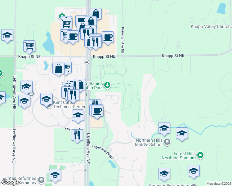 map of restaurants, bars, coffee shops, grocery stores, and more near 3337 Park Ridge Lane Northeast in Grand Rapids