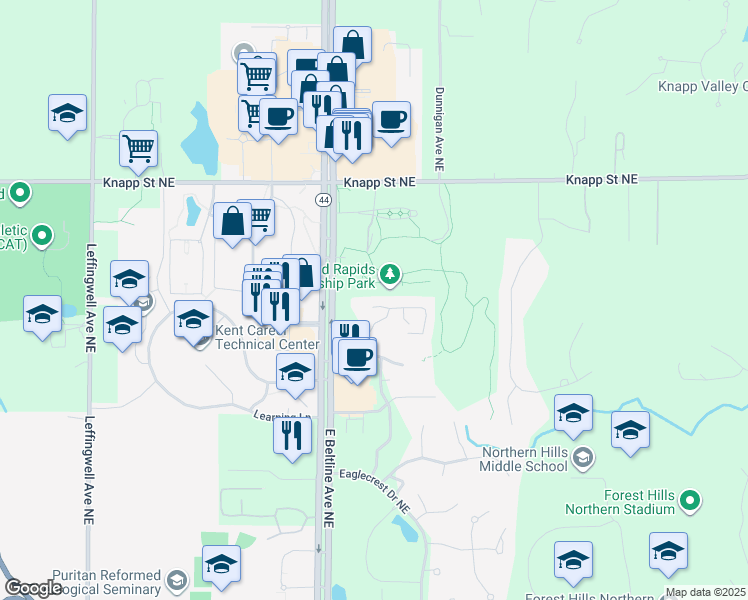 map of restaurants, bars, coffee shops, grocery stores, and more near 3285 Park Ridge Lane Northeast in Grand Rapids