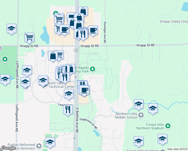 map of restaurants, bars, coffee shops, grocery stores, and more near 3313 Park Ridge Lane Northeast in Grand Rapids