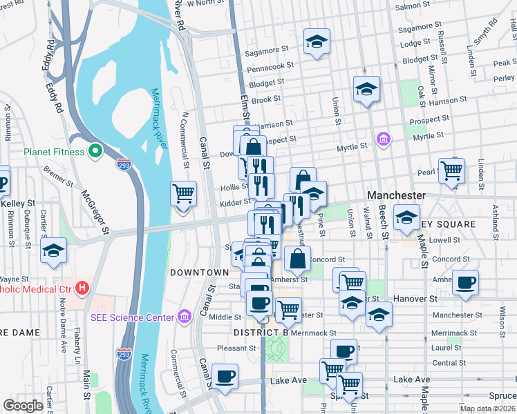 map of restaurants, bars, coffee shops, grocery stores, and more near 1200 Elm Street in Manchester