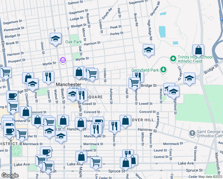 map of restaurants, bars, coffee shops, grocery stores, and more near 351 East High Street in Manchester