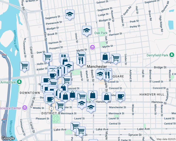 map of restaurants, bars, coffee shops, grocery stores, and more near 70 Walnut Street in Manchester