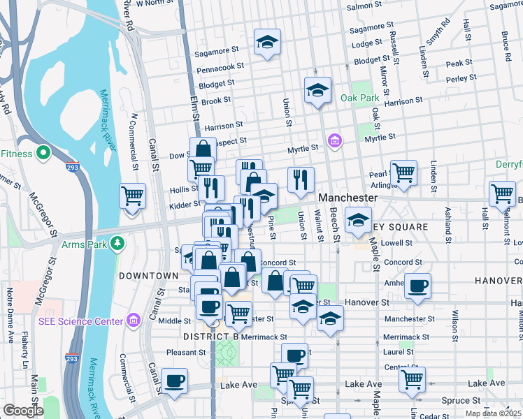 map of restaurants, bars, coffee shops, grocery stores, and more near 470 Pine Street in Manchester