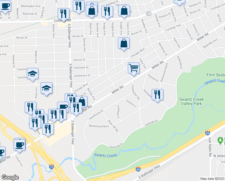 map of restaurants, bars, coffee shops, grocery stores, and more near 3114 Miller Road in Flint