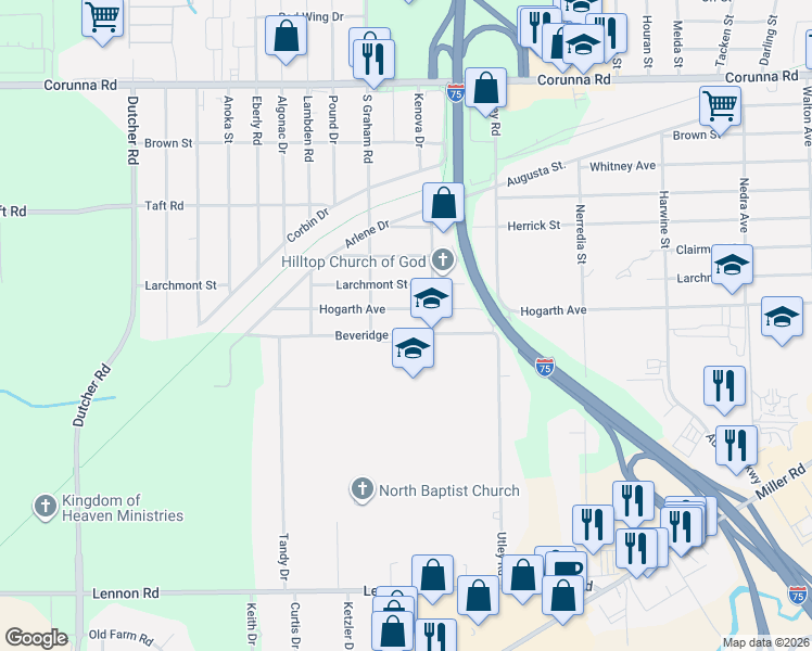 map of restaurants, bars, coffee shops, grocery stores, and more near 2277 Lodge Road in Flint