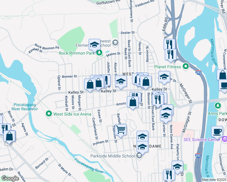map of restaurants, bars, coffee shops, grocery stores, and more near 300 Kelley Street in Manchester