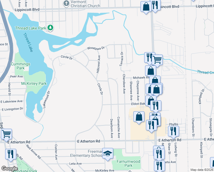 map of restaurants, bars, coffee shops, grocery stores, and more near 2914 Dearborn Avenue in Flint