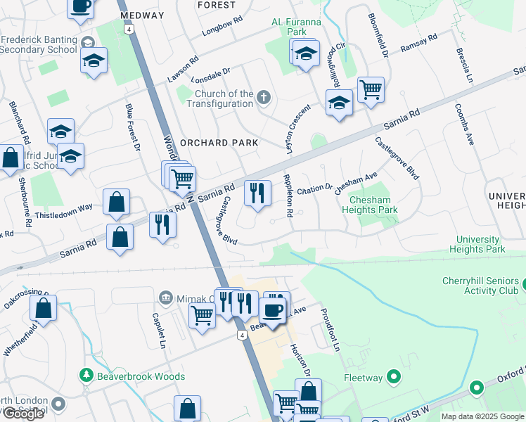map of restaurants, bars, coffee shops, grocery stores, and more near 136 Paperbirch Crescent in London