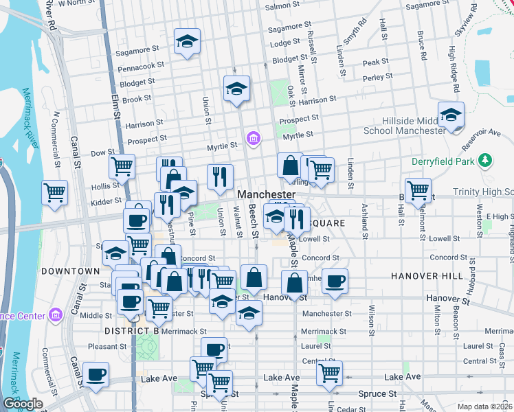 map of restaurants, bars, coffee shops, grocery stores, and more near 585 New Hampshire 28 in Manchester