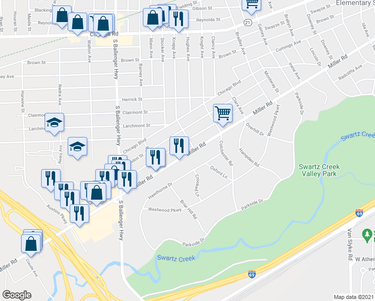 map of restaurants, bars, coffee shops, grocery stores, and more near 3114 Miller Road in Flint