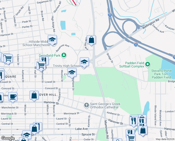 map of restaurants, bars, coffee shops, grocery stores, and more near 581 Bridge Street in Manchester