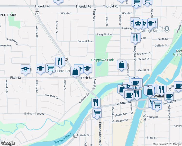 map of restaurants, bars, coffee shops, grocery stores, and more near 156 Fitch Street in Welland