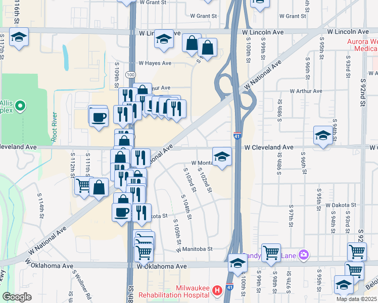 map of restaurants, bars, coffee shops, grocery stores, and more near 10230 West Montana Avenue in West Allis