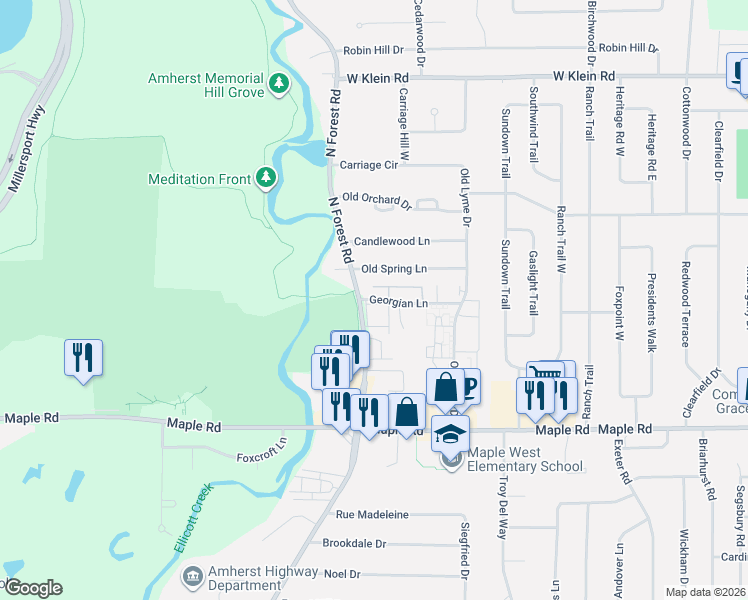 map of restaurants, bars, coffee shops, grocery stores, and more near 1419 North Forest Road in Buffalo