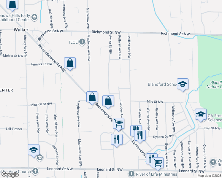 map of restaurants, bars, coffee shops, grocery stores, and more near 1625 Awixa Street Northwest in Grand Rapids