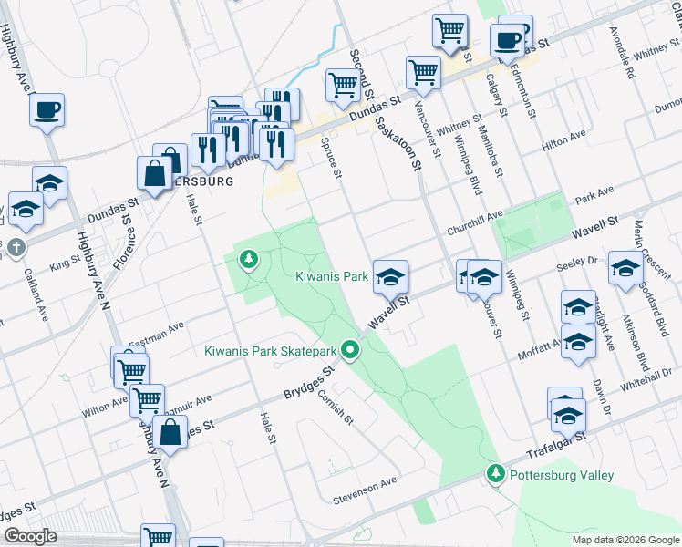 map of restaurants, bars, coffee shops, grocery stores, and more near 306 Kiwanis Park Drive in London