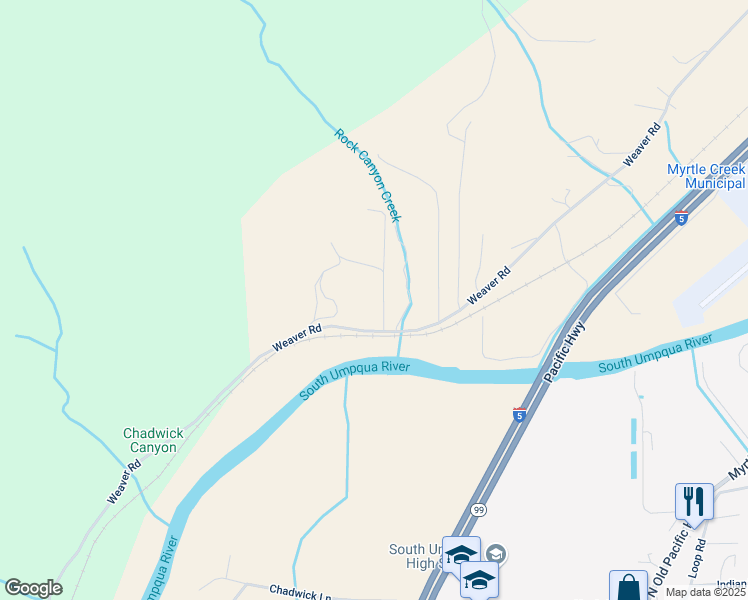 map of restaurants, bars, coffee shops, grocery stores, and more near 1813 Weaver Road in Myrtle Creek