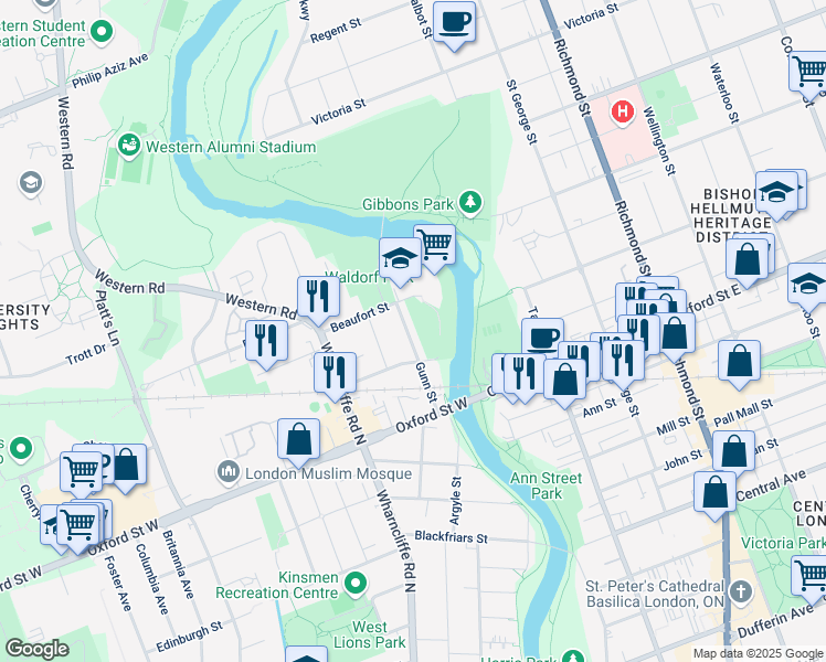 map of restaurants, bars, coffee shops, grocery stores, and more near 57 Gunn Street in London