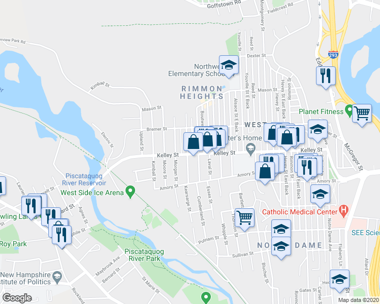 map of restaurants, bars, coffee shops, grocery stores, and more near 429 Kelley Street in Manchester