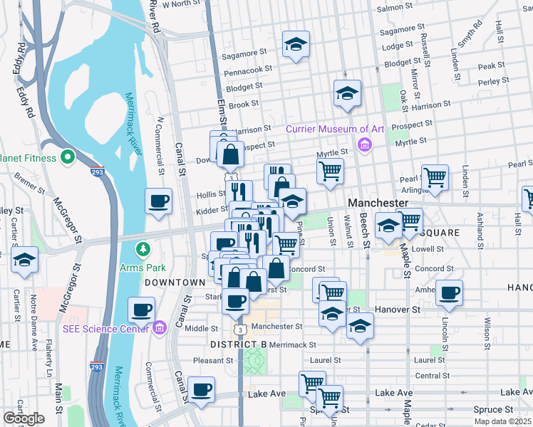 map of restaurants, bars, coffee shops, grocery stores, and more near 29 Kosciuszko Street in Manchester