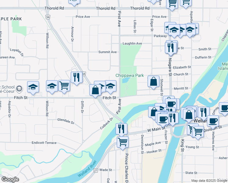 map of restaurants, bars, coffee shops, grocery stores, and more near 39 First Avenue in Welland