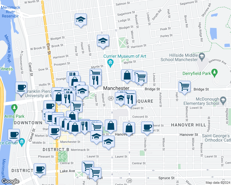 map of restaurants, bars, coffee shops, grocery stores, and more near 585 New Hampshire 28 in Manchester