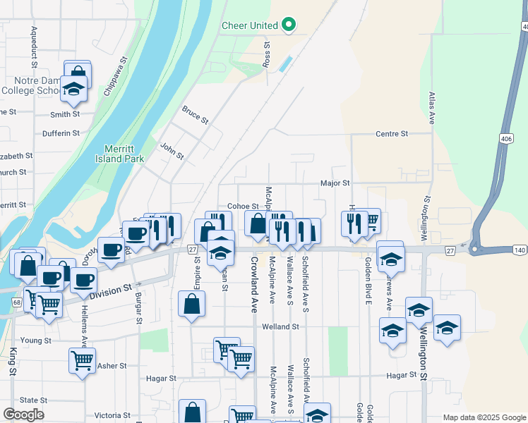 map of restaurants, bars, coffee shops, grocery stores, and more near in Welland
