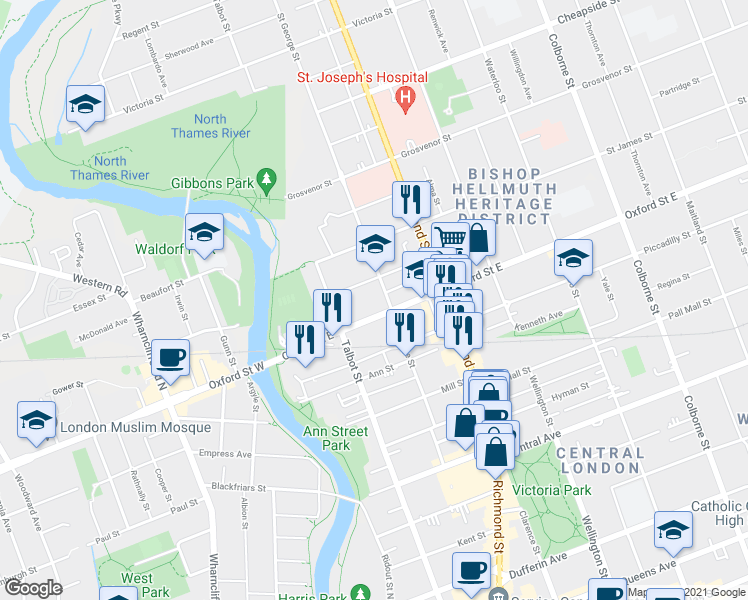 map of restaurants, bars, coffee shops, grocery stores, and more near 140 Oxford Street East in London