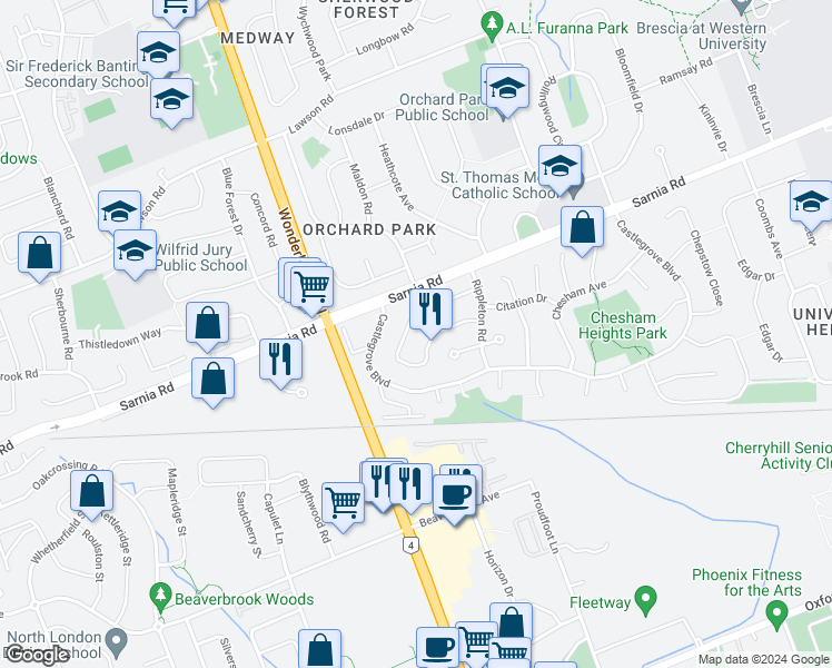 map of restaurants, bars, coffee shops, grocery stores, and more near 89 Paperbirch Crescent in London