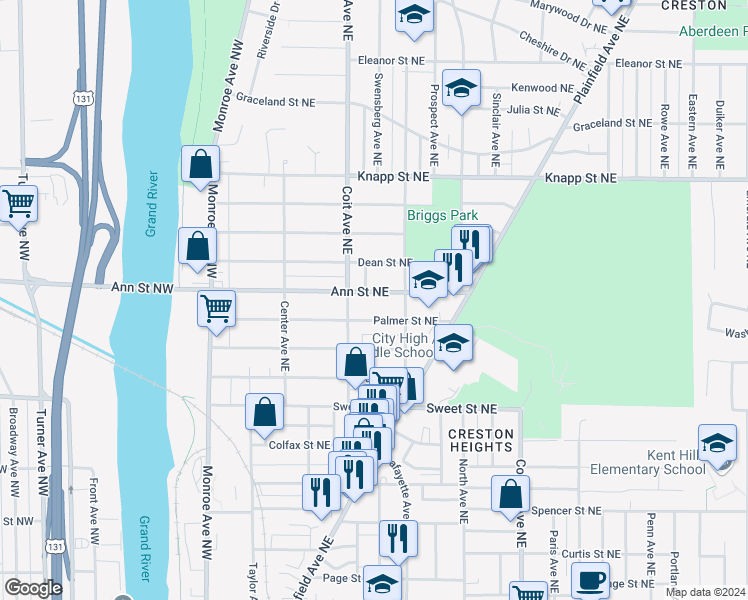 map of restaurants, bars, coffee shops, grocery stores, and more near 226 Palmer Street Northeast in Grand Rapids