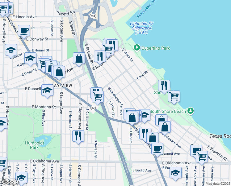 map of restaurants, bars, coffee shops, grocery stores, and more near 2705 South Linebarger Terrace in Milwaukee