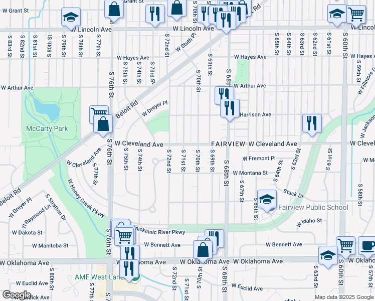 map of restaurants, bars, coffee shops, grocery stores, and more near 2751 South 70th Street in Milwaukee