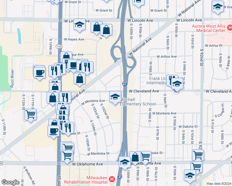 map of restaurants, bars, coffee shops, grocery stores, and more near 10128 West Montana Avenue in West Allis