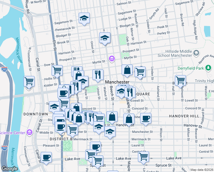 map of restaurants, bars, coffee shops, grocery stores, and more near 70 Walnut Street in Manchester