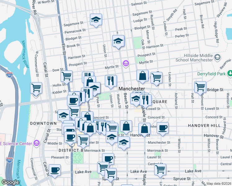 map of restaurants, bars, coffee shops, grocery stores, and more near 70 Walnut Street in Manchester