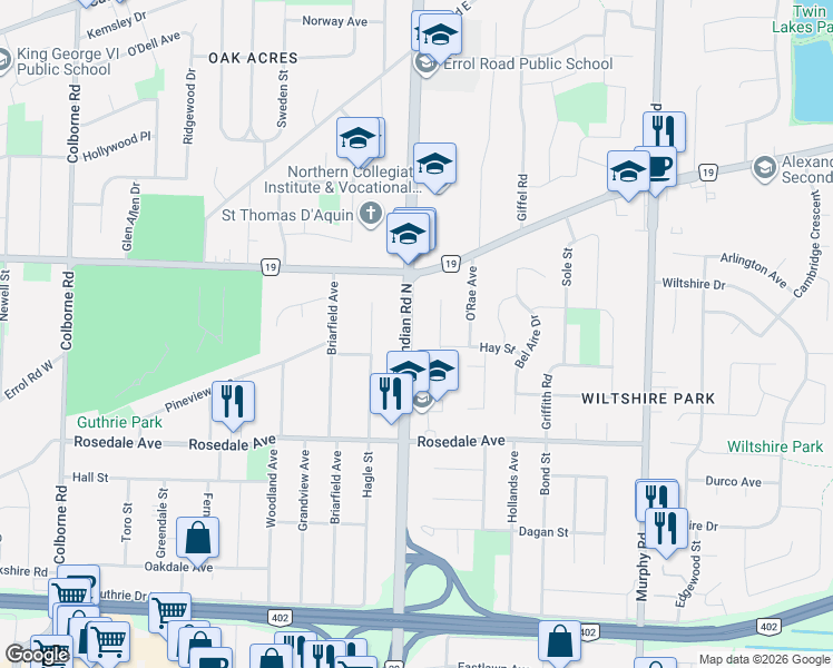map of restaurants, bars, coffee shops, grocery stores, and more near 1075 Indian Road North in Sarnia