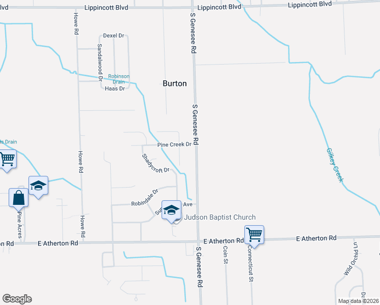 map of restaurants, bars, coffee shops, grocery stores, and more near 2350 South Genesee Road in Burton