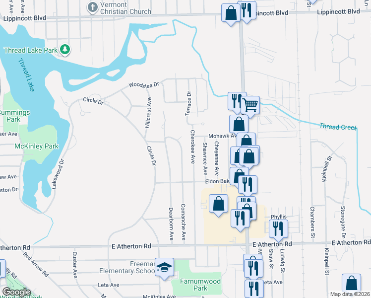 map of restaurants, bars, coffee shops, grocery stores, and more near 3026 Comanche Avenue in Flint
