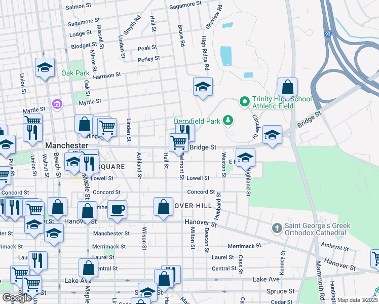 map of restaurants, bars, coffee shops, grocery stores, and more near 636 Belmont Street in Manchester