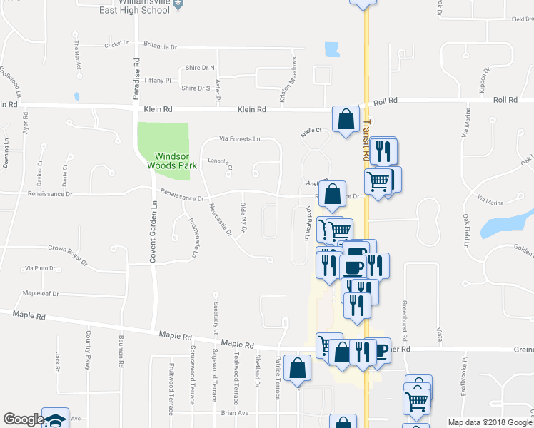 map of restaurants, bars, coffee shops, grocery stores, and more near 147 Haverford Lane in Buffalo