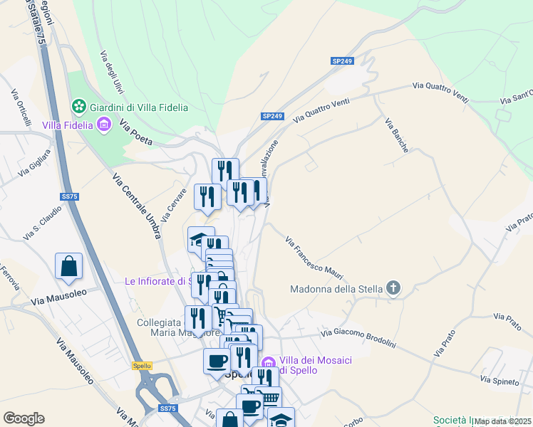 map of restaurants, bars, coffee shops, grocery stores, and more near Via Circonvallazione in Provincia di Perugia
