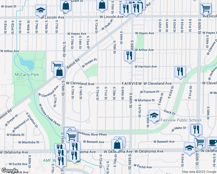 map of restaurants, bars, coffee shops, grocery stores, and more near 2751 South 70th Street in Milwaukee