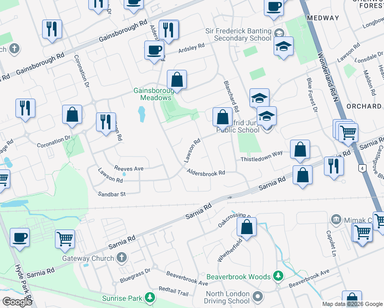 map of restaurants, bars, coffee shops, grocery stores, and more near 1112 Aldersbrook Road in London