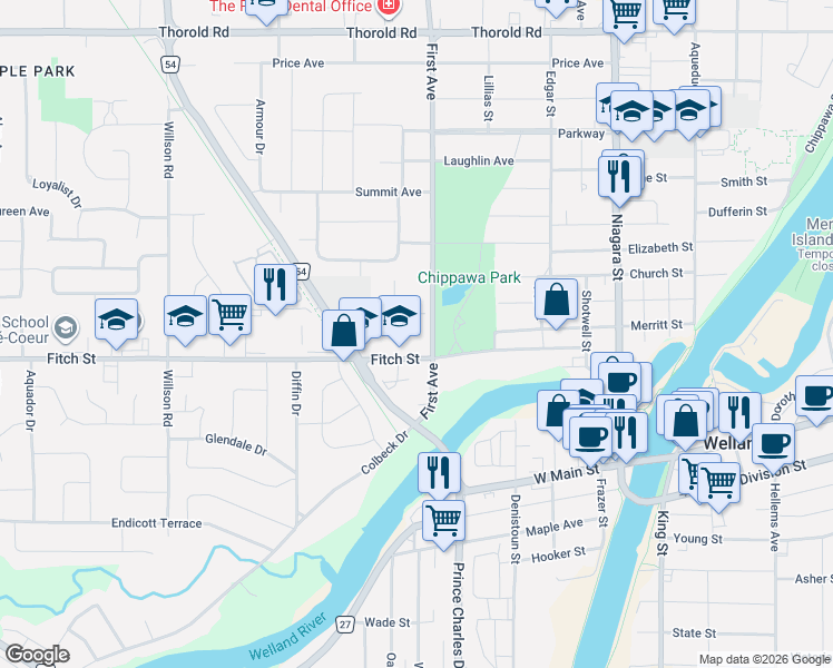 map of restaurants, bars, coffee shops, grocery stores, and more near 156 Fitch Street in Welland