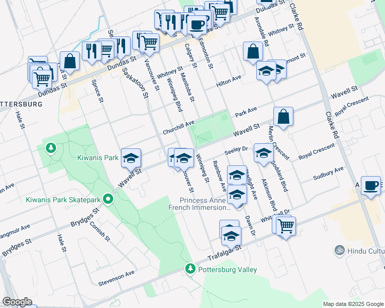 map of restaurants, bars, coffee shops, grocery stores, and more near 397 Winnipeg Street in London